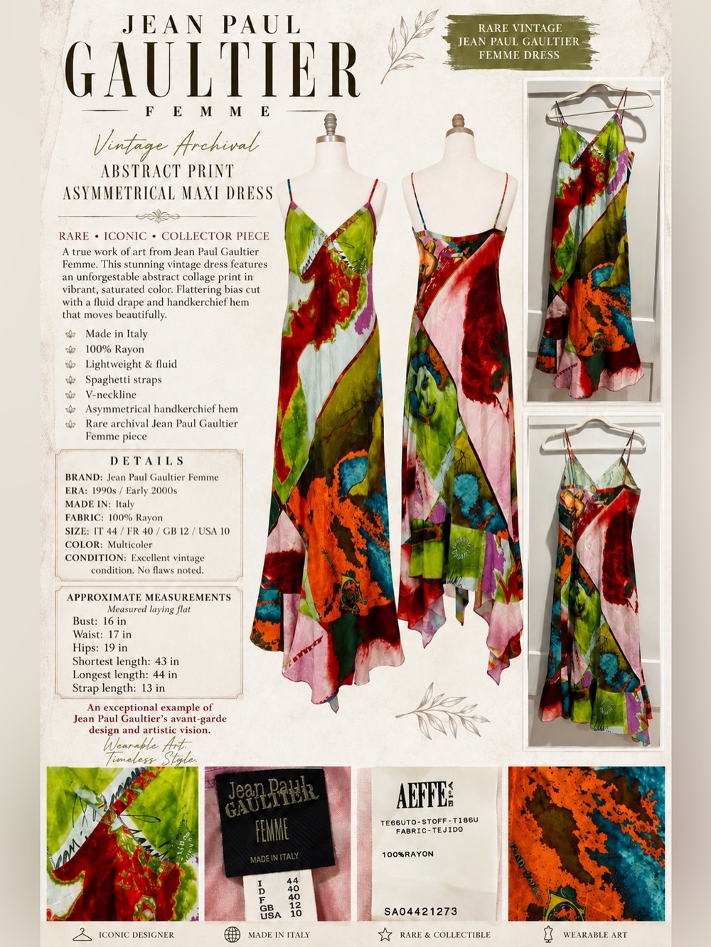 Vintage Jean Paul Gaultier Multicolor Abstract Handkerchief Hem Maxi Dress